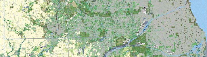 Land cover map of Chicago Region with protected lands indicated.