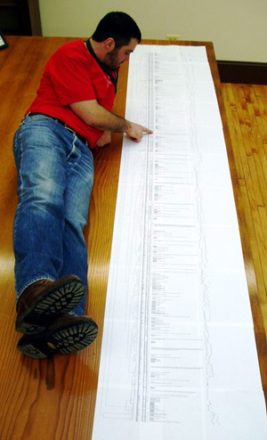 Dr. Avis looks at a very long diagram of species phylogeny.